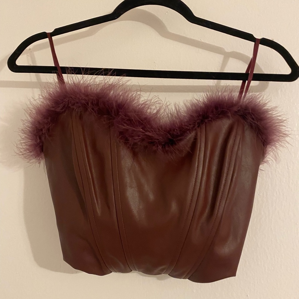 Faux Leather Bustier with Feather Trim